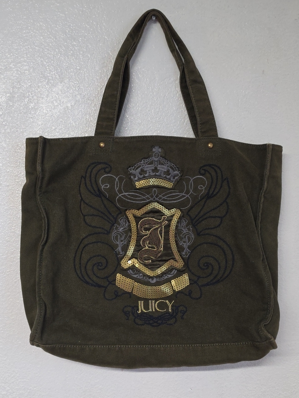 Y2k Juicy Couture Olive Green Tote with Gold Sequin Crest